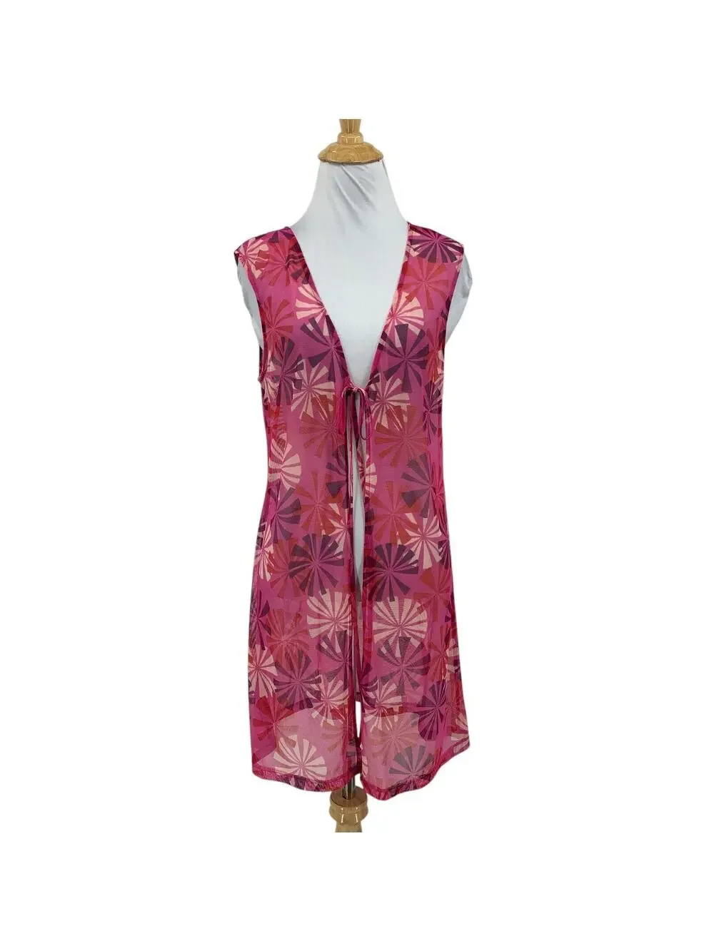 BCBGMaxazria Cover Up Womens M Medium Pink Multi Mesh Sleeveless Beach Tie Front